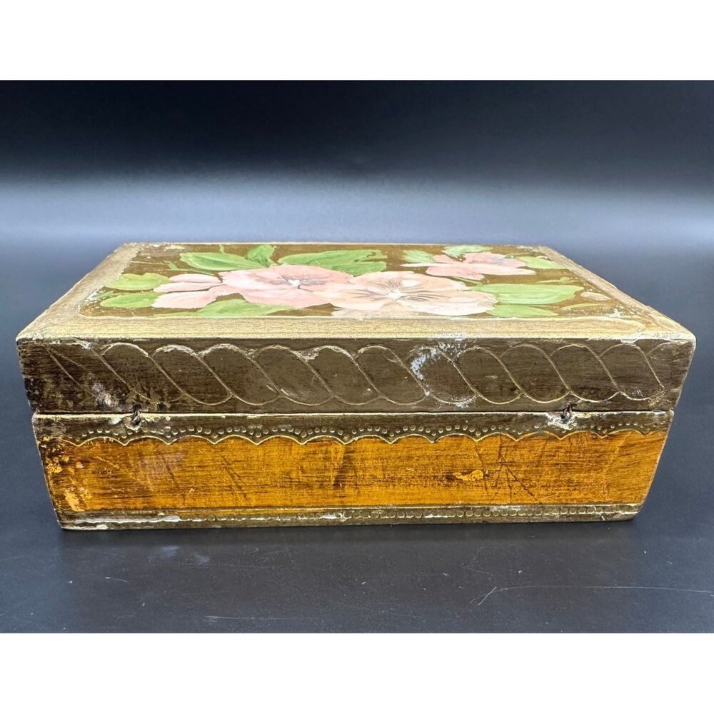 Vintage Italian Hand Painted Wood Jewelry Trinket Box Pink Flowers Gold Stash - Picture 4 of 10